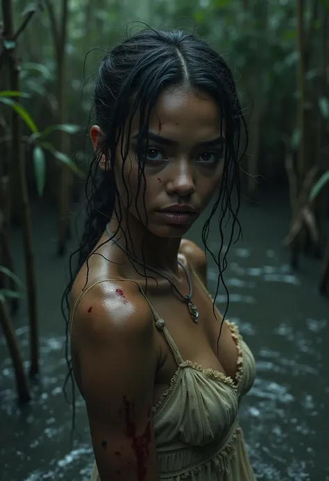 18yo Zendaya lost in a swamp of black mud . Tangled hair , realistic soaked tattered evening dress,  bleeding wounds