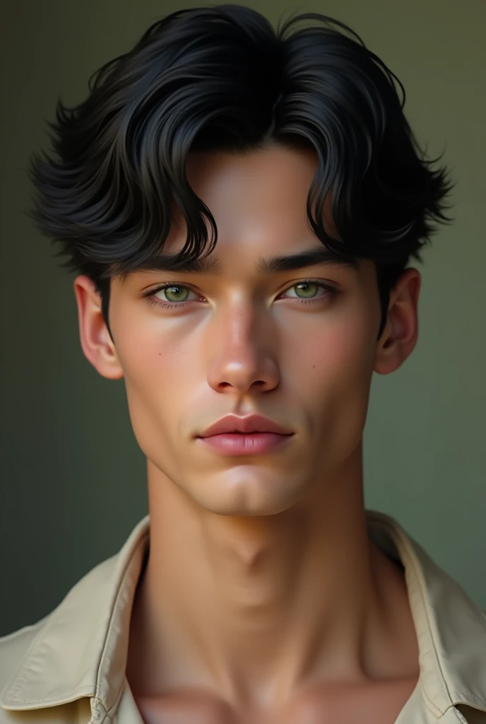 18-year-old Caucasian male , without beard perfect face defined jaws and raised cheekbones, soft lips black hair and penetrating green eyes , divine beauty, muscular body