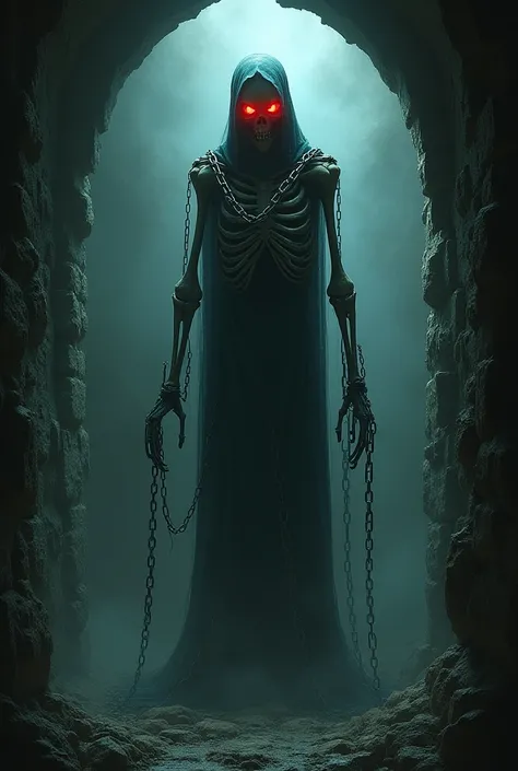 Make A skeletal ghost with burning red eyes, chains wrapped around its body, standing in an abandoned dungeon.