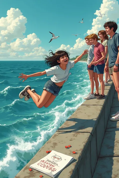 the other girl fell from the seawall and her friends laughed at her COMICS drawing simple