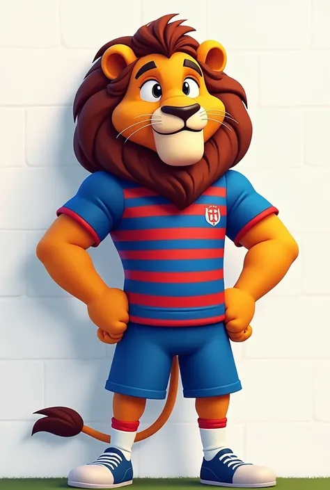 create mascot, represented by a lion, cartoon style like disney's lion king, wearing a horizontally striped shirt in blue, red and white from the fortaleza football club team, with blue shorts, white socks and cleats, hands on waist, looking to the sides, ...