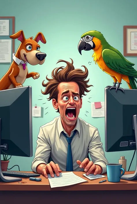 A male person working on two computers at the same time,  animated, caricatured, And he's agitated from work, with two bosses who are a dog and a parrot