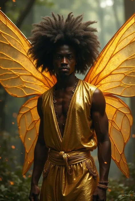 A fairy man with gold wings and clothes with black skin and slighlty pointy ears afro hair