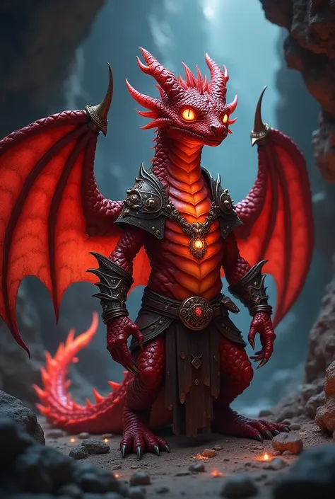 Ultra-realistic, hyper-realistic, highly detailed scale texture, D&D dragonet, red scales, glowing red eyes, glowing red scales, wearing warlock rough leather armor, dark dungeon background, glowing magic effects, pendant necklace, no wings.