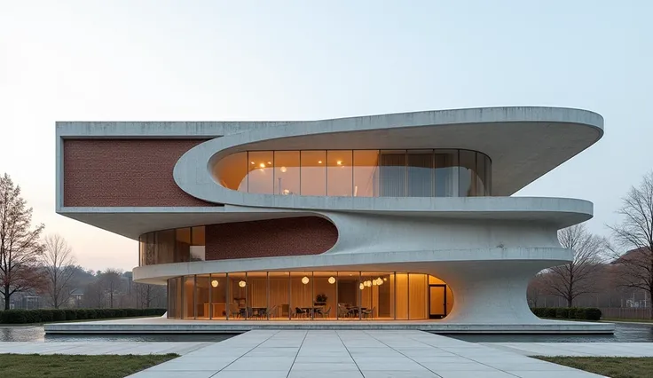 The exhibition pavilion, the left side of which is designed in a strict and symmetrical style inspired by the 1940s and 1950s, the right side transitions into dynamic and asymmetrical forms, from the 1960s to the 2010s. The building combines a smooth trans...