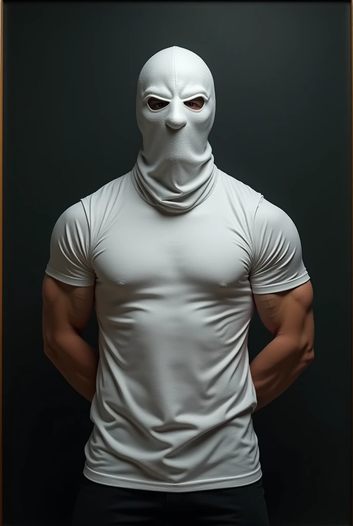 A strong man in a white t-shirt and a white ninja mask ,Facing a blackboard on the wall 