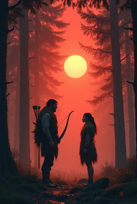 in a beautiful forest with many big trees a hunter with animal skin clothes wearing a bow and arrow stands opposite an Asian girl of about  who is also dressed in animal skins who are talking to each other under a bright red sky of sunshine 