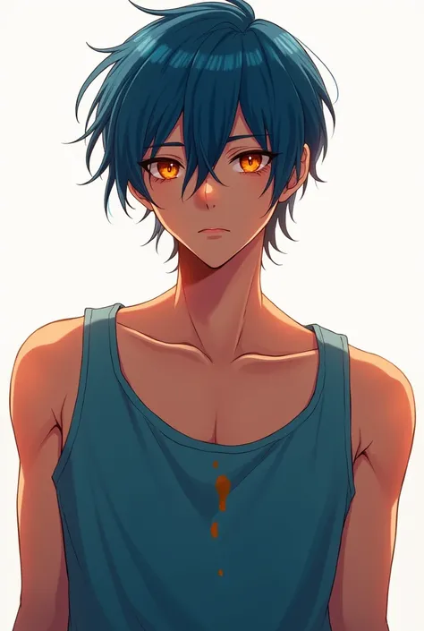 
Anime style: dark orange 21 year old sexy boy with a blue hair wearing a sleeveless cyan tank top,  and a jeans, until his breast is leaking. White background 