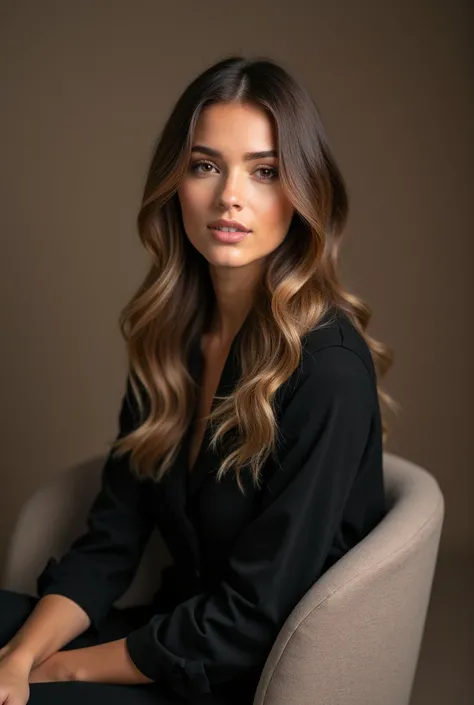 Studio photo shoot of a full-length girl in high quality . Thick hair , Balayage . On the chair.