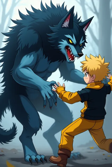 An anime werewolf with blue and black fur, disturbing yellow eyes, sharp teeth and very sharp nails, its fur is thick and An anime boy with brown eyes and blonde hair has a black t-shirt, a yellow short-sleeved jacket, yellow pants, brown boots and yellow ...