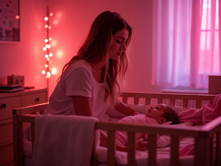 (Lifestyle photography:1.2), ultra quality, detailed, HQ, portrait, professional photo, ((medium_shot)), BREAK, a mother and a crib in a baby room, illuminated by a pink light coming from the windows, ((at baby´s room)), portrait, detailed face, indoors, (...