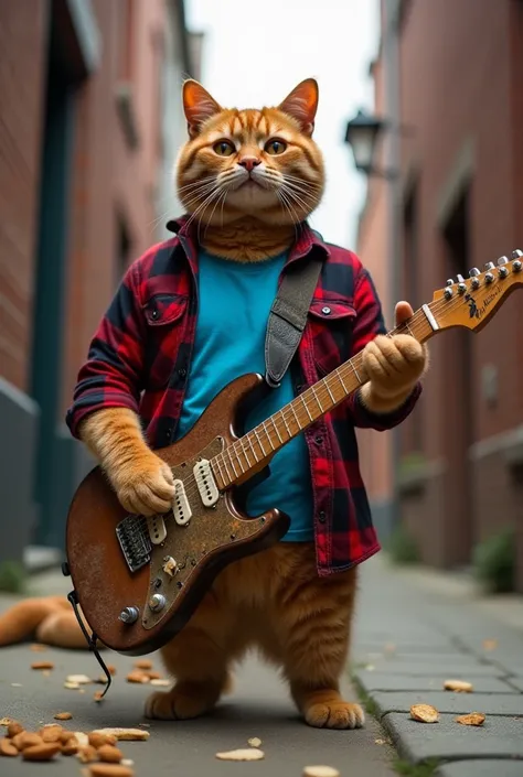 The image features the same anthropomorphic ginger tabby cat, now sporting a vibrant electric blue t-shirt under its open red and black plaid flannel. Instead of simply standing, the cat is now holding and playing a worn electric guitar. The guitar looks l...