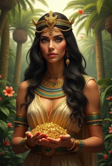 Cleopatra realistic in nature full of trees and money in her hands