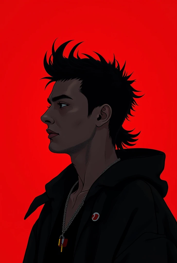 Make me a profile picture for a reggaeton ,  producer but the project is like ghost producer so it must be mysterious, Animated,  but you have to see the producer's face, red background ,  Japanese-inspired , The name is Rayo , With mullet haircut, vestiti...