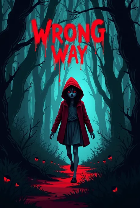 I want a trap cover with the title "Wrong way" with the animated and dark font, With Little Riding Hood in the Forest in 2D horror style