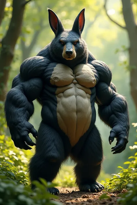 A humanoid rabbit-bear hybrid with an incredibly muscular and well-defined physique, standing upright in a dense, vibrant forest. Its body is a perfect combination of a bear's bulk and a rabbit's distinctive features, such as long ears and a slightly elong...