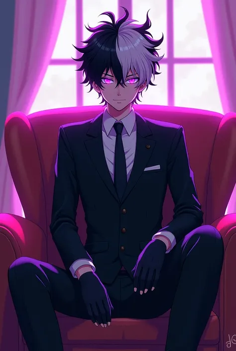 Personalized male IZUKU character with black and white hair and blue eyes with fiery purple wearing black suit with black gloves sitting on a Cartoon style sofa 