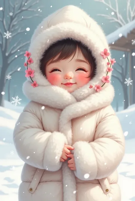 A baby in winter clothes with cherry designs 