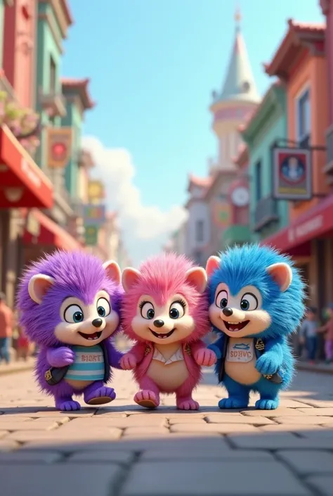 Three 3D hedgehogs one purple, one pink one blue, going shopping. Very happy