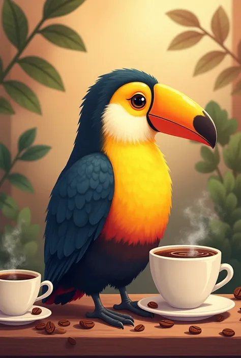 Yellow-breasted and yellow-billed toucan with cute sweet coffee