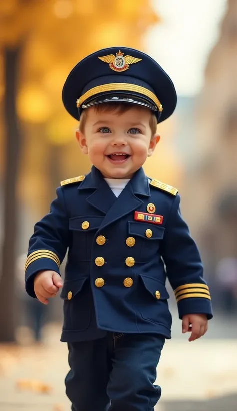 **"Create an ultra-realistic and charming image of an adorable toddler dressed as a mini airplane pilot. The  is wearing a detailed navy-blue pilot uniform with gold-trimmed epaulets on the shoulders, matching golden buttons, and a polished pilot's badge o...