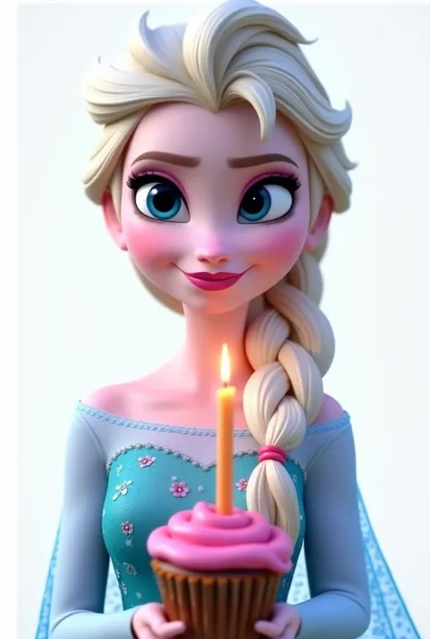 Create an image of Elsa Frozen, happy,  foreground, frontal , blowing a candle , half open mouth ,  Lighting, clear light ,  white background, clear illuminated image , Blow mouth , half open mouth , Cupcake and candle, Blow mouth  , half open mouth 