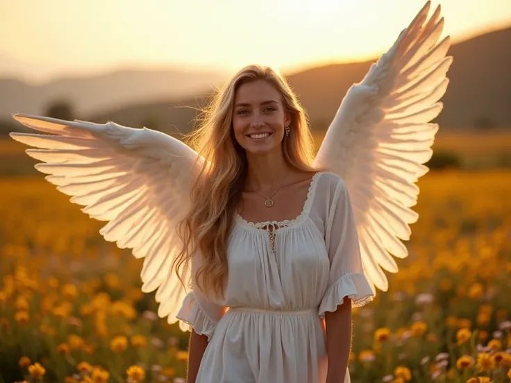 (Lifestyle photography:1.2), ultra quality, detailed, HQ, portrait, professional photo, ((medium_shot)), BREAK,  a female angel wearing a tunic, walkin on the flower fields, in a relaxing landscape, smiling, (an angel with wings), ((at camp)), portrait, de...