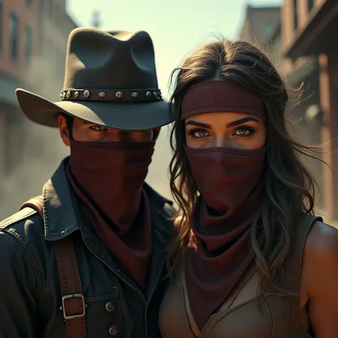 A man wearing a bandit bandana and a woman wearing a bandit bandana on her face,coming out of a cigarettescreen on a city street,Wild West,villain,cigarette,Dust, artwork,3d,4K,  Details, is present