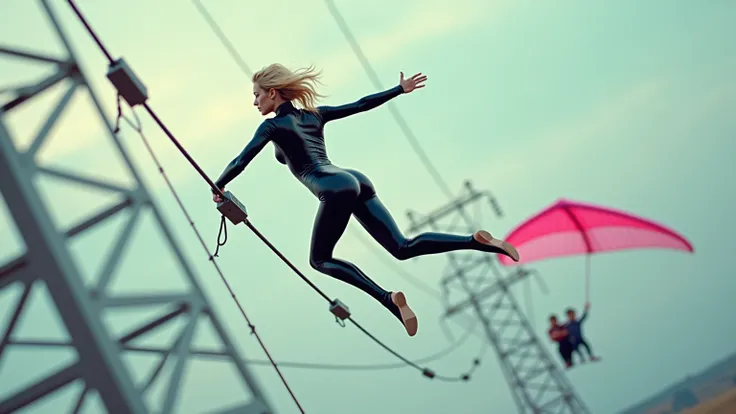 19 year old very petite Russian blonde female  wearing full body  black latex catsuit ,     climbing naked on top of a high voltage electrical line    she dives off from a very high spot using a pink hang glider.  We see her from an above View she is high ...