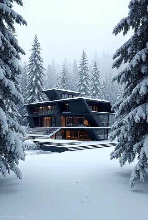 High Quality,8k ultra HD, A black luxury Airplane shaped mansion in forest(in snow)