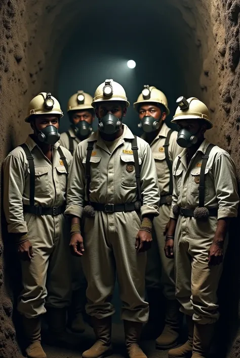 African miners in safety attire underground in white overall, m with lamps on hardhat, belts, respirator and gumboots 