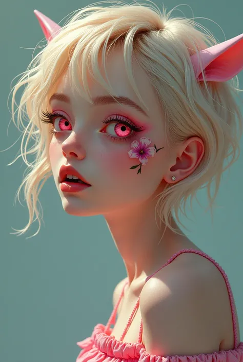 girl with short messy blonde hair with a pink streak on the right side of her head with two pink eyes and a flower tattoo on her right cheek anda sharp teeth 