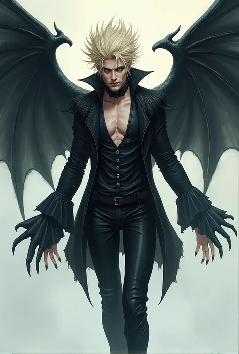 1Man, masterpiece, best quality, succubus, seductive pose, gothic outfit, intricate details, man in his 30s, Blonde color spikey-very short hair,  blue eyes, ((Floating)),  simple background, ((Floating in the air))