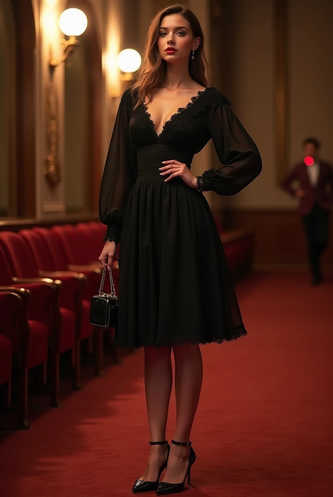  A slender 22-year-old girl in an elegant black knee-length dress ,  with a neat neckline and long sleeves ,  in high-heeled pumps , с красными you can add a girl's hand  стоит в полный рост перед входом в театр и курит сигарету.  A 22-year-old girl stands...