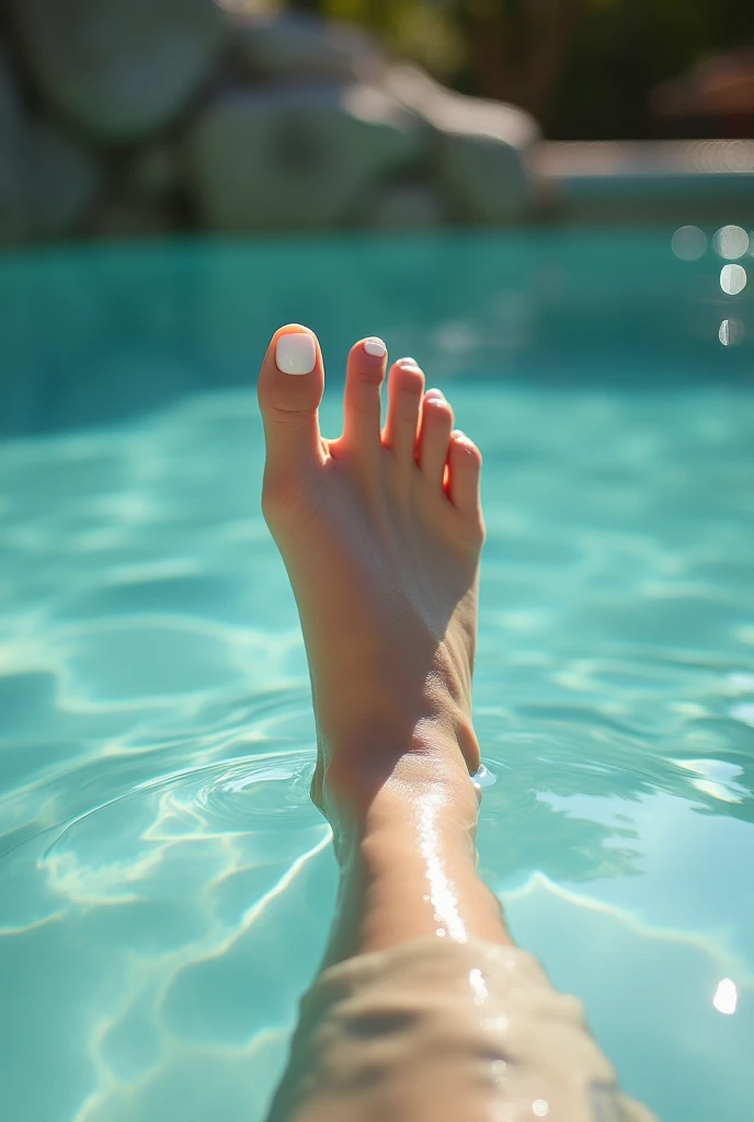 Create photo of a beautiful female foot,  in the pool , With the nails painted white 