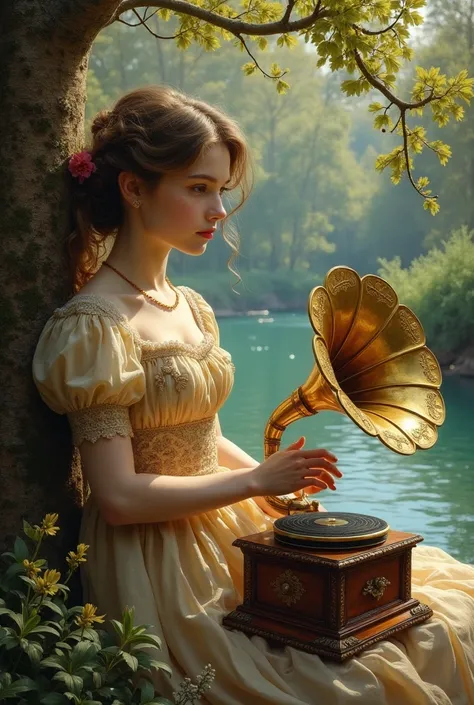 Create an art painting of a girl listening to music on a gramophone on the riverbank and leaning on a tree. Let it be a little more Baroque or Rococo style