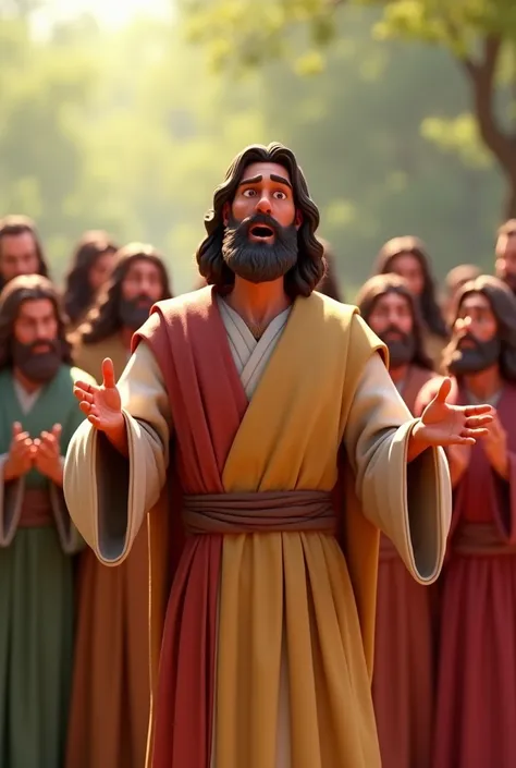 Peter, with an intense expression, gestures as he speaks about Jesus. Behind him, the disciples stand in support, their robes gently swaying in the breeze, STYLE 3d animation, disney pixar