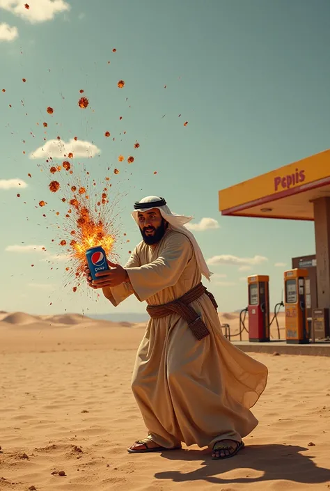 An arabic man at a gas station in the desert opens up a can of pepsi but it explodes