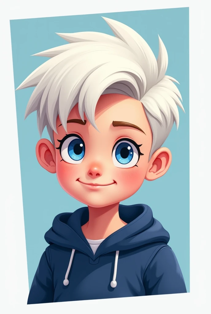 Create me a logo of a boy in a blue sweatshirt and white hair with bright blue eyes 