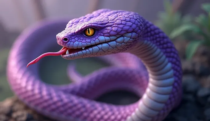  A representation It is detailed of a purple snake .  The snake's head is prominent ,  slightly inclined to the .  Its scales are meticulously designed ,  displaying a vibrant purple and a light lilac color on neck ,  moving to a darker purple tone on the ...