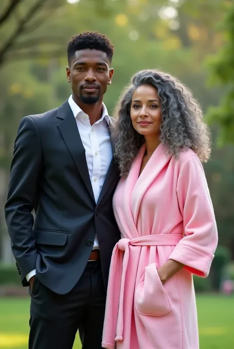 A young black man. Handsome. Brown skin. 23 years old, short black hair he is wearing business suit standing next to a beautiful youthful looking Filipino version of Ariana Grande a sexy beautiful youthful looking Asian as a 50 years old wom an supermodel ...