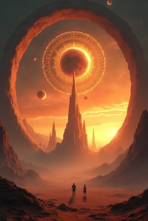 A mesmerizing surrealist digital artwork of an alien landscape, framed within a circular  portal-like composition. The foreground showcases a vast desert terrain under a dramatic sunset sky, where two small silhouetted figures stand in awe before a towerin...