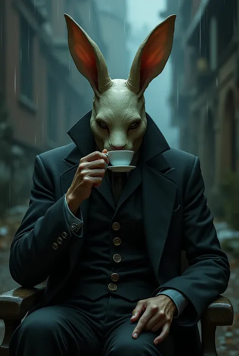 Man in sleek, shabby clothes wearing a rabbit mask drinking tea on a gloomy night