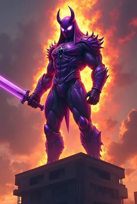 Purple Spiderman with touches of Kamen Rider  ,And Godzilla's thorns and tails and batacas taikou in his marked hands and muscles and Godzilla's hood and thorns being a young man and standing on top of a building and hooded like batacas with fire in a Spid...