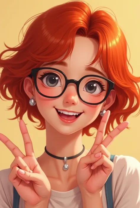 Create a red-haired character wearing square glasses making a beauty sign 