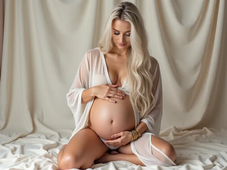  The image shows a person with long, wavy hair , kneeling in a soft light-colored fabric .  The person is wearing a transparent and fluid garment that drapes over the shoulders and arms ,  partially covering the body .  She is holding her belly 1 month pre...