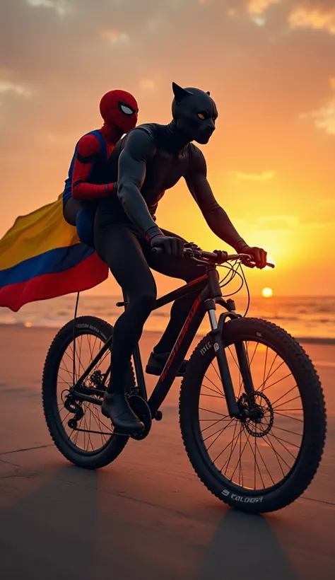 create the figure of a black panther riding a bicycle accompanied by Spider-Man on another bicycle and carrying the Colombian flag on one part of the bicycle and they manage to reflect a sunrise with the primary colors.