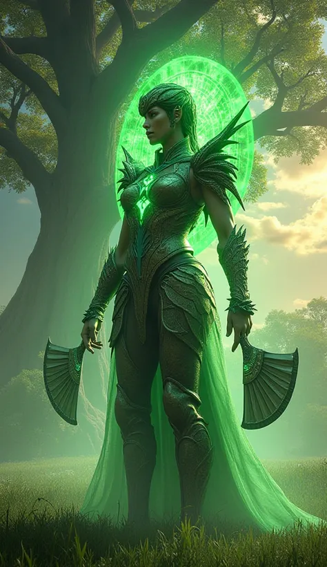 "Earthspire, a powerful Earth savior with a glowing aura of nature, stands together with Mortal Kombat's Kitana in an epic pose. Earthspire is depicted as a majestic figure with armor crafted from stone, vines, and crystals, emanating a radiant green energ...