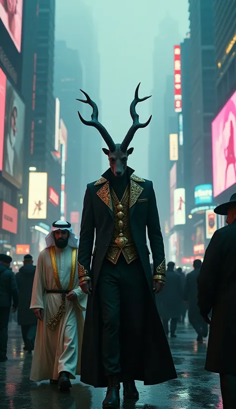 "An aerial shot from above of a dystopian metropolis, with skyscrapers illuminated by neon lights and holograms projecting futuristic advertisements. In the center of the scene, an antelope-headed man, much taller than the others, walks through the crowd, ...