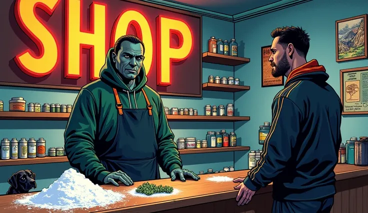 SHOP, Tip Top on the sign, behind the counter Darkseid in an apron, white powder on the counter, cannabis, tablets, nearby is a visitor in a tracksuit with a saggy face and sunken eyes, black dog,  pop art style 